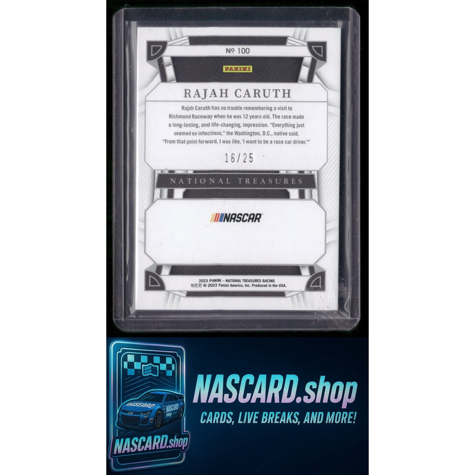 2023 Panini National Treasures #100 Rookies Rajah Caruth Stars and Stripes #/25 - NASCARD.shop