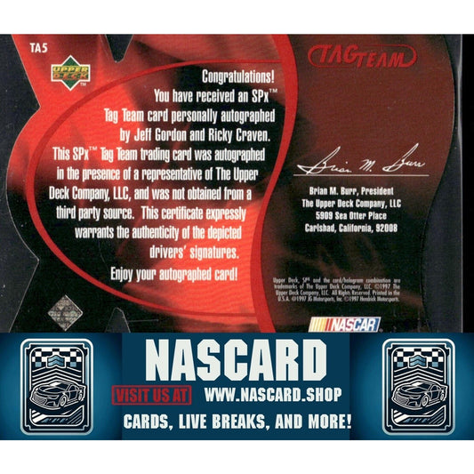 1997 Upper Deck SPx Tag Team Dual Autographs Jeff Gordon & Ricky Craven - NASCARD.shop