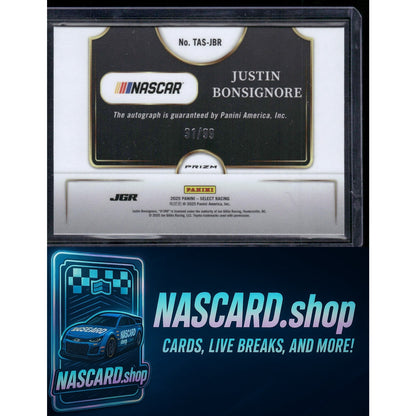 2025 Select Justin Bonsignore Trackside Action Signatures Blue Prizms /99