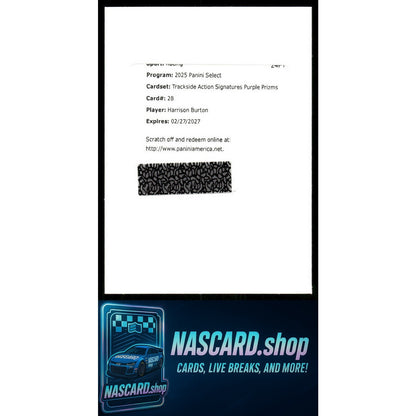 2025 Panini Select Harrison Burton Trackside Action Auto Purple /49 REDEPMTION