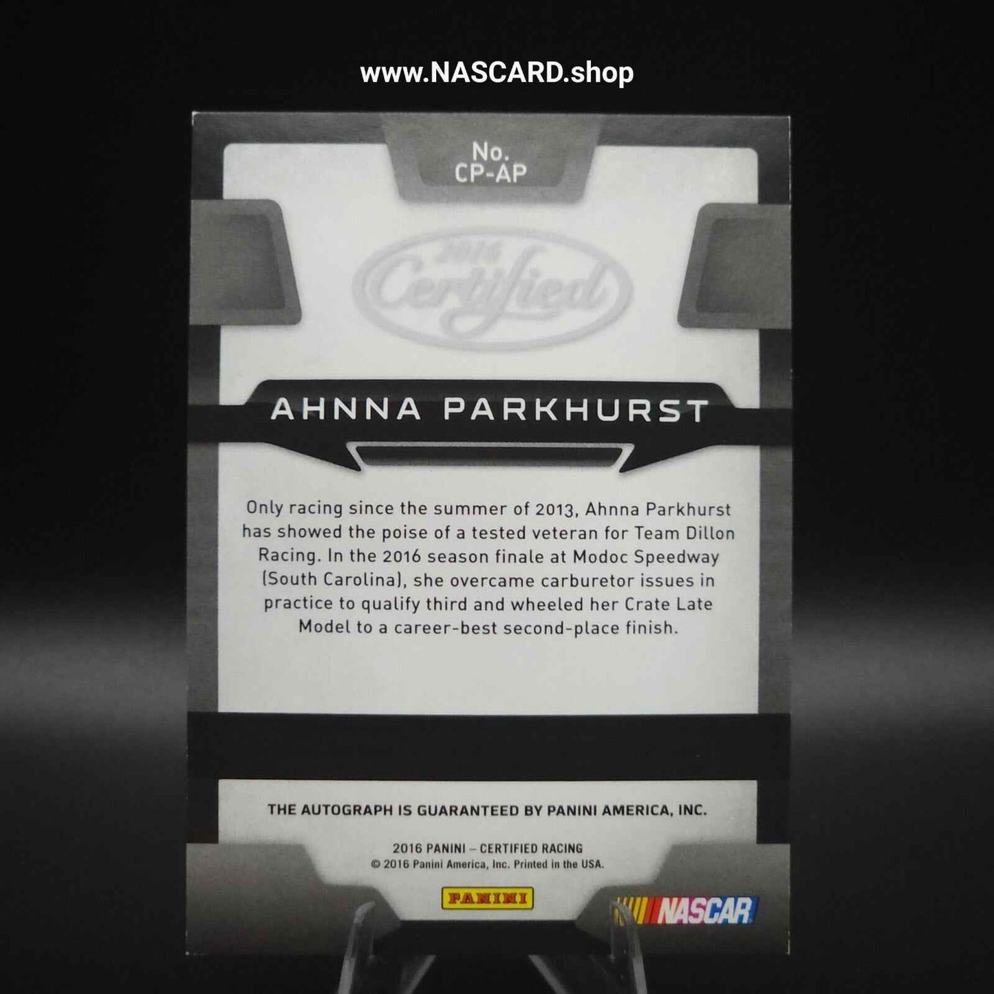 2016 Panini Certified Potential Signatures Ahnna Parkhurst /299 (AU, RC) - NASCARD.shop
