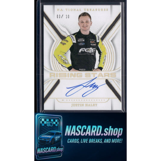 2024 Panini National Treasures #RS-JHY Justin Haley Rising Stars Holo Gold #/10 - NASCARD.shop