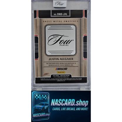 2025 Panini Turn Four #SWS-JAL Justin Allgaier Sheet Metal Swatches Blue #/35