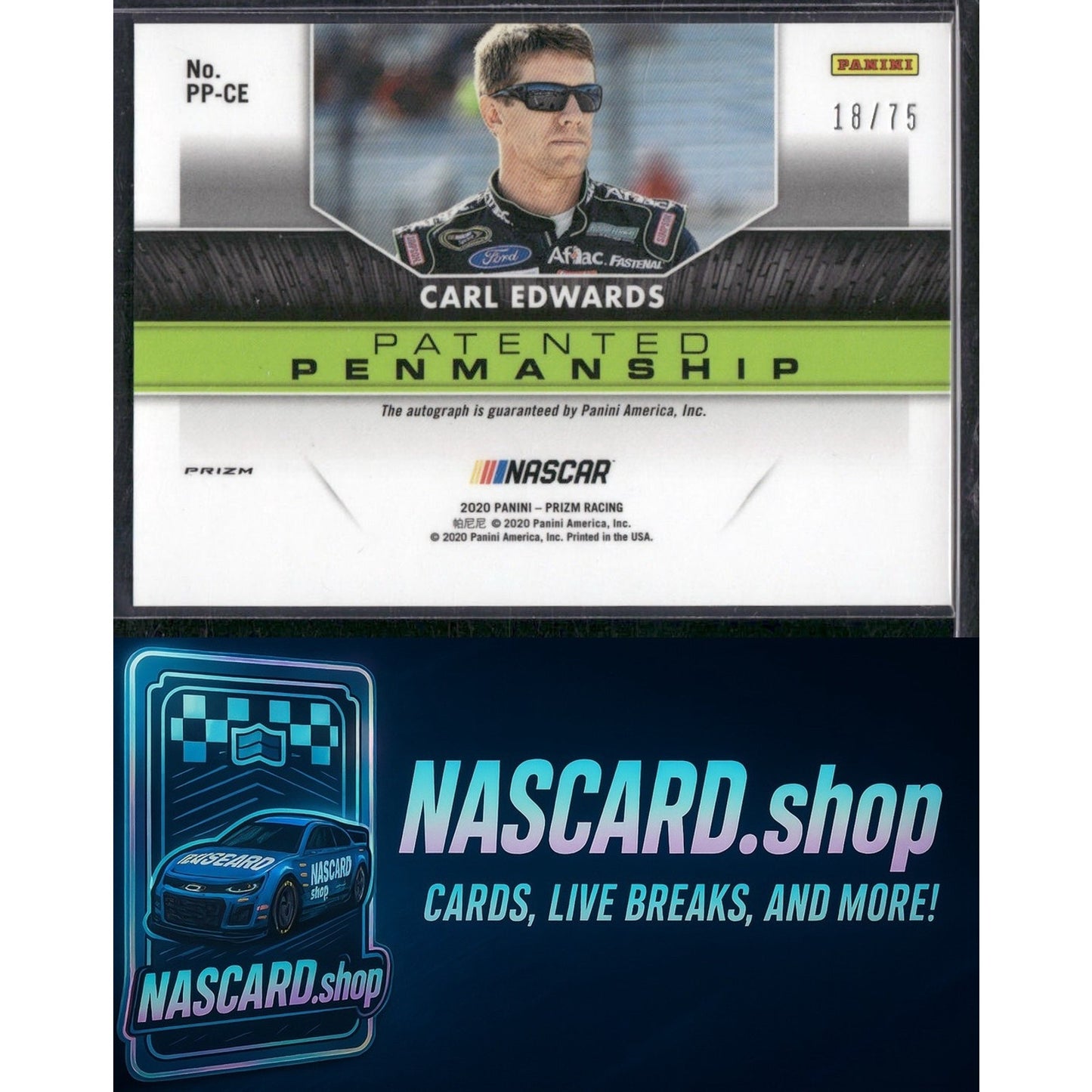 2020 Panini Prizm #PP-CE Carl Edwards Patented Penmanship Green Scope #/75
