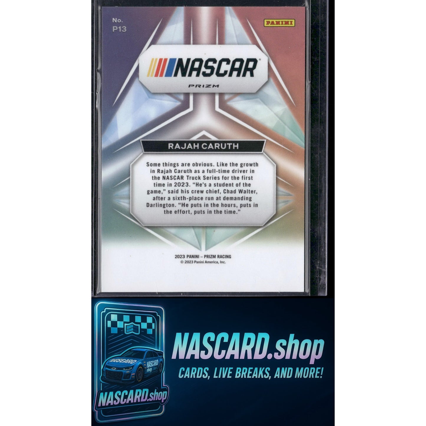 2023 Panini Prizm #P13 Rajah Caruth Prizmatic White Sparkle Prizm - NASCARD.shop