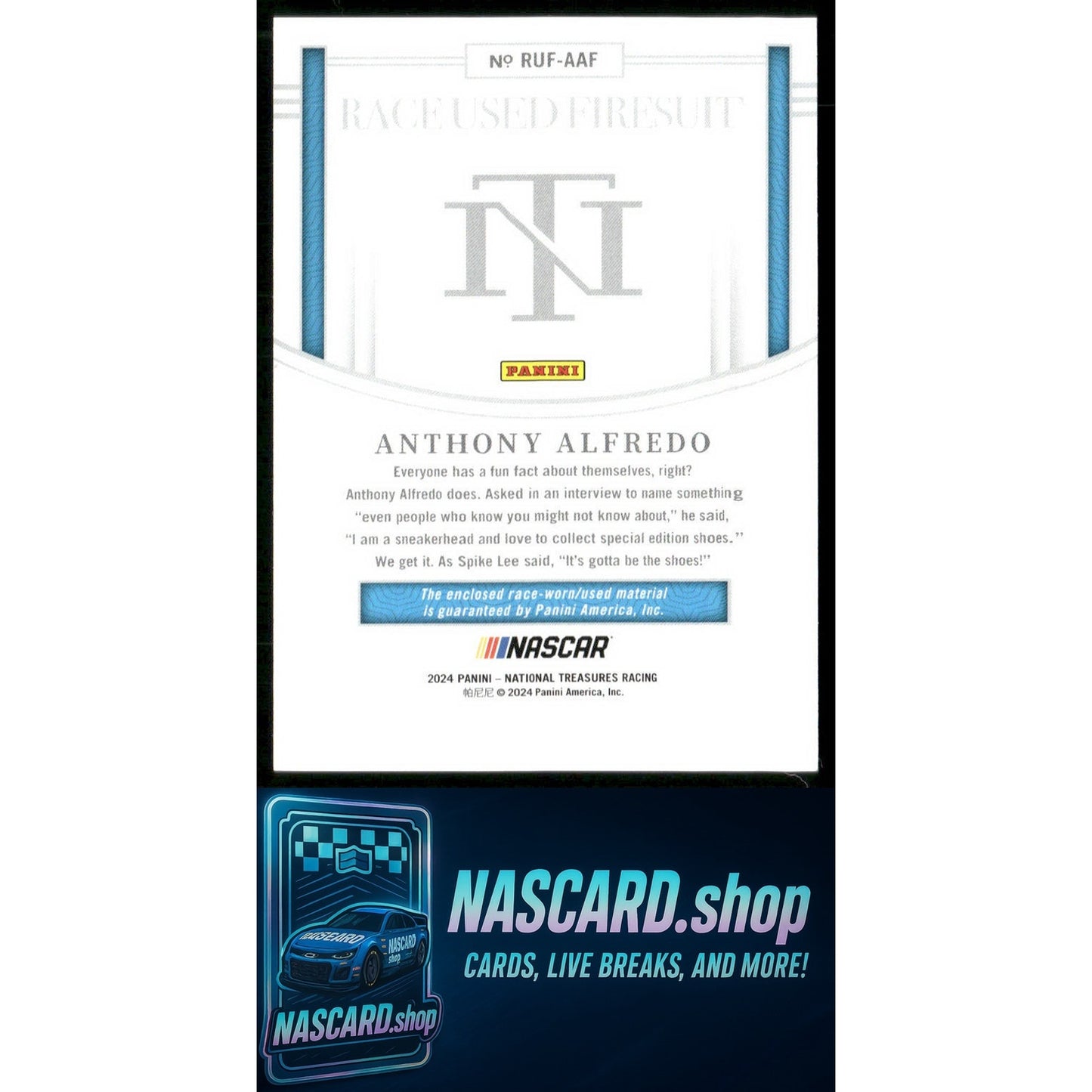 2024 Panini National Treasures Anthony Alfredo Race Used Firesuit #01/99