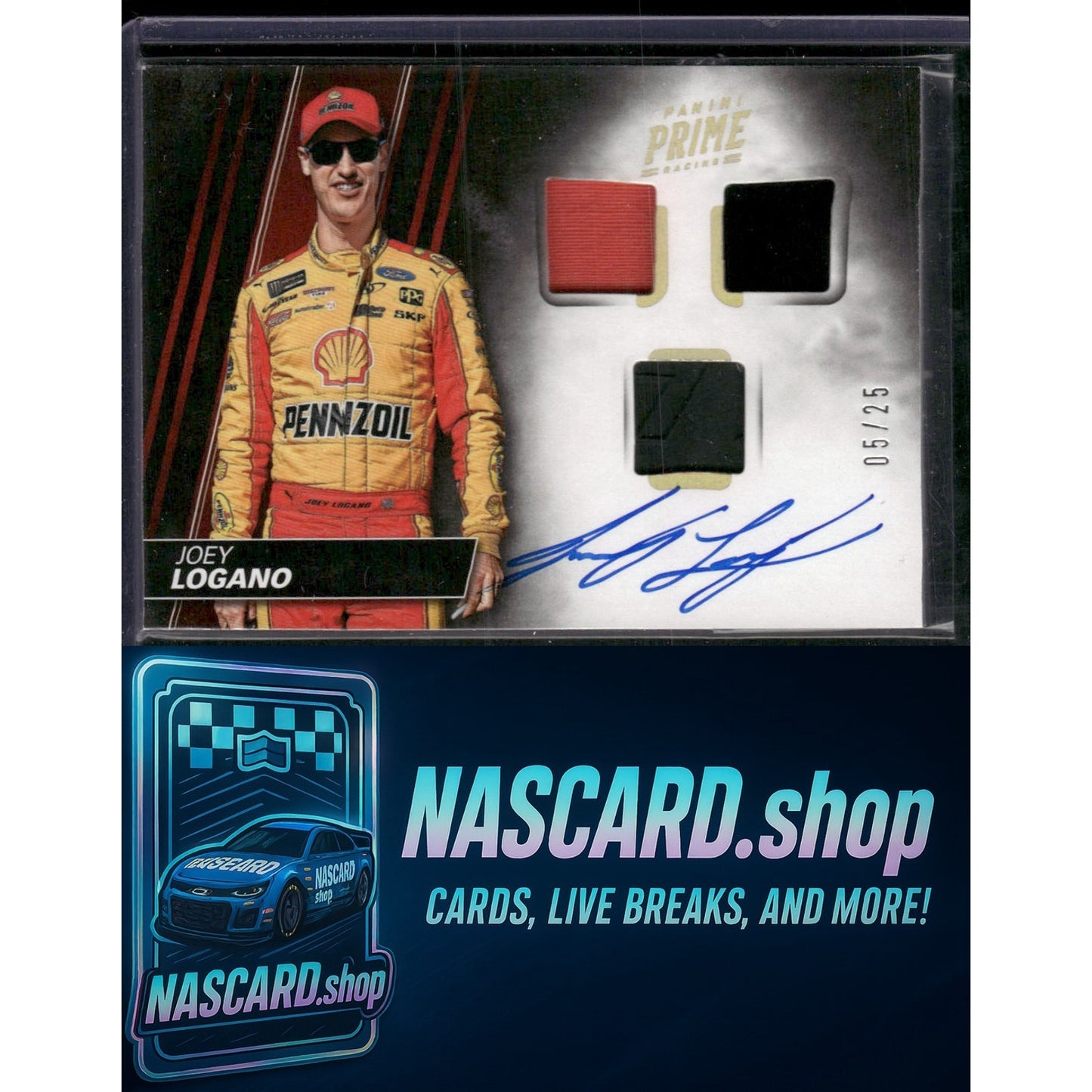 2018 Panini Prime #TMA-JL Joey Logano Triple Materials Autographs Holo Gold #/25 - NASCARD.shop