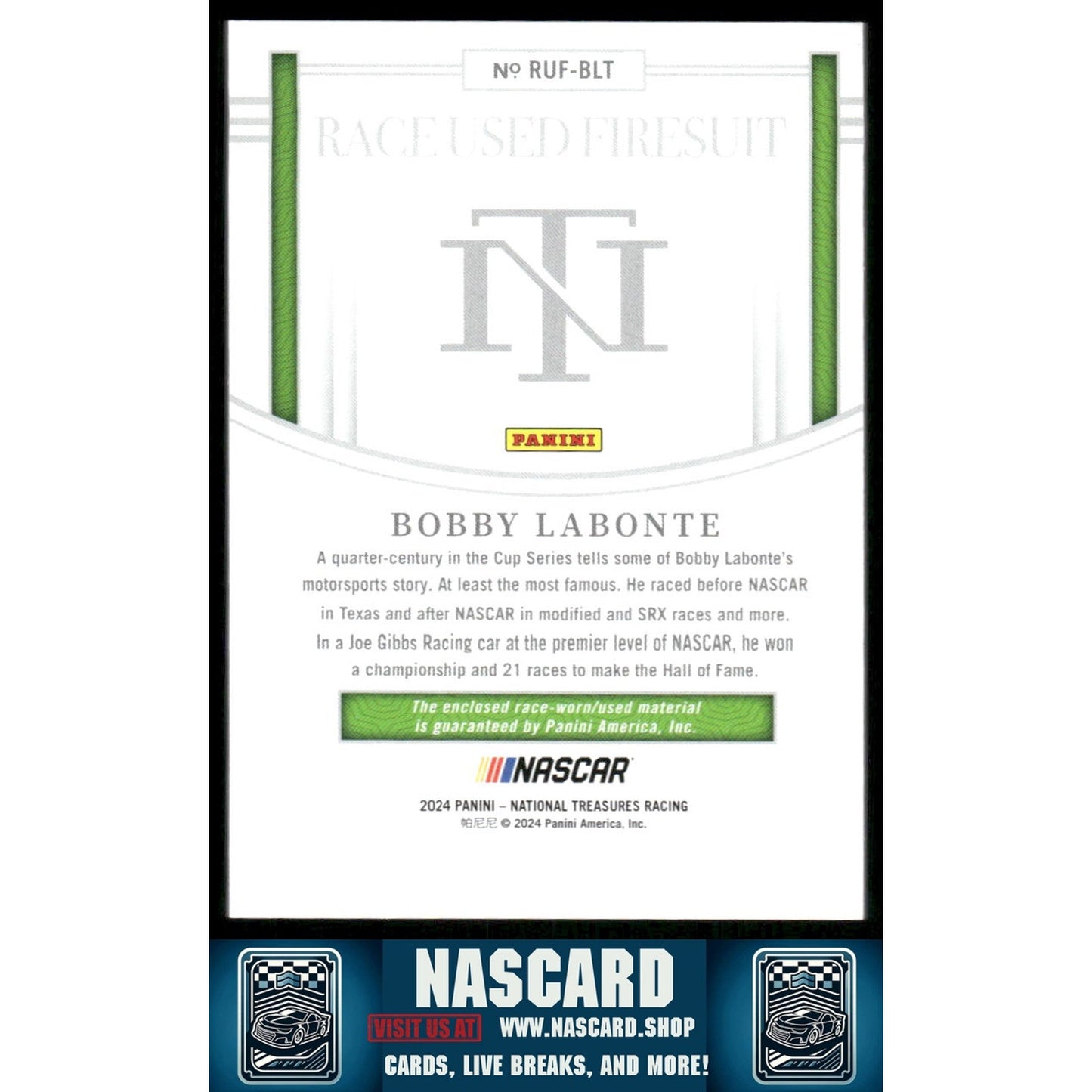 2024 Panini National Treasures Bobby Labonte Race Used Firesuit Holo Gold #/10 - NASCARD.shop