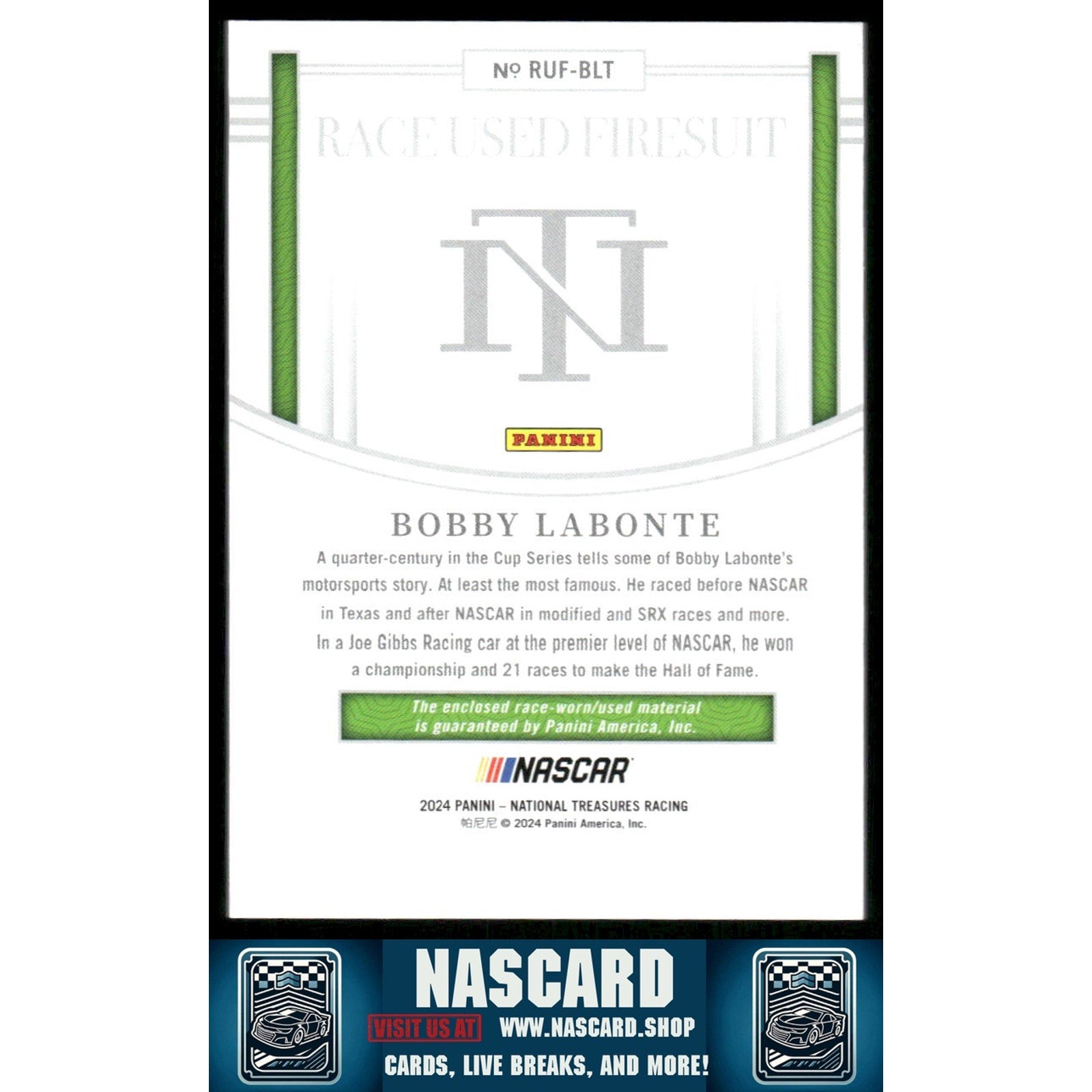 2024 Panini National Treasures Bobby Labonte Race Used Firesuit Holo Gold #/10 - NASCARD.shop