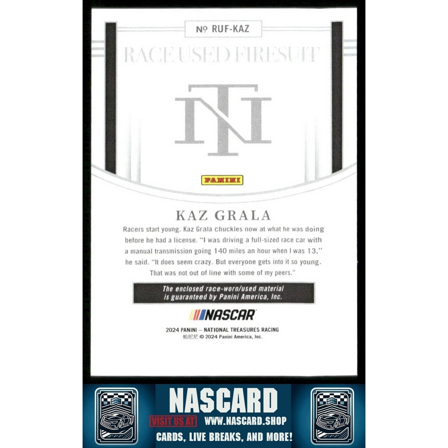 2024 National Treasures Race Used Firesuit Holo SIlver Kaz Grala /25
