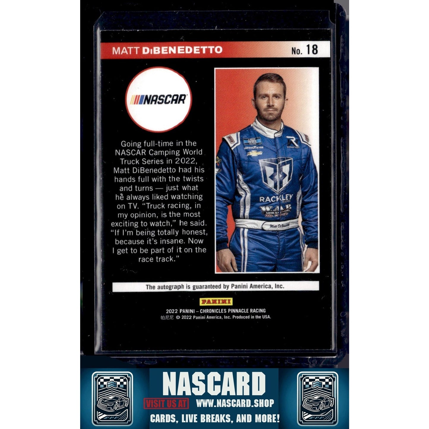 2022 Panini Chronicles #18 Matt DiBenedetto Pinnacle Autographs Purple - NASCARD.shop