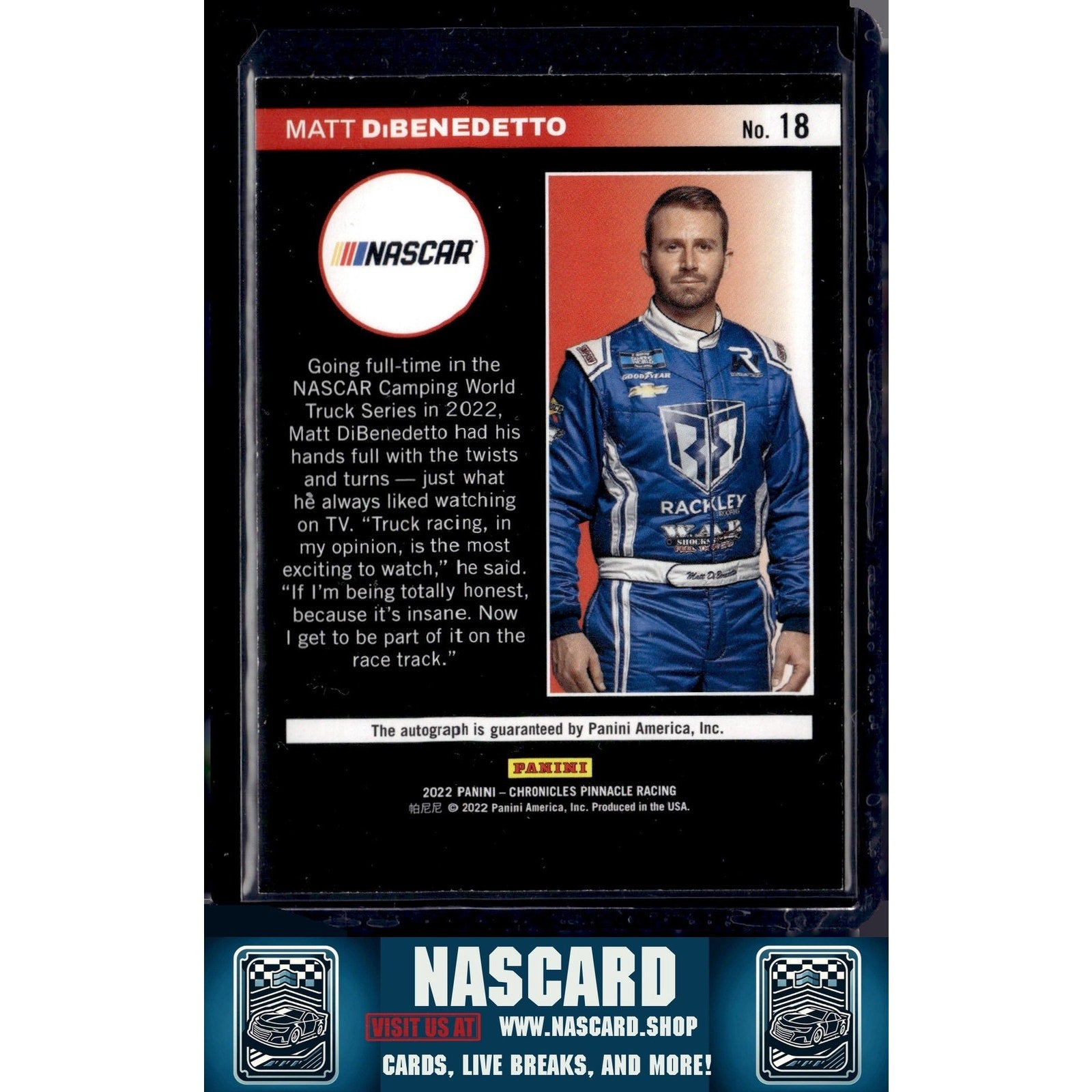 2022 Panini Chronicles #18 Matt DiBenedetto Pinnacle Autographs Purple - NASCARD.shop