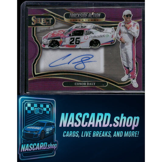 2025 Panini Select Conor Daly Trackside Action Signatures Purple Prizms #/49