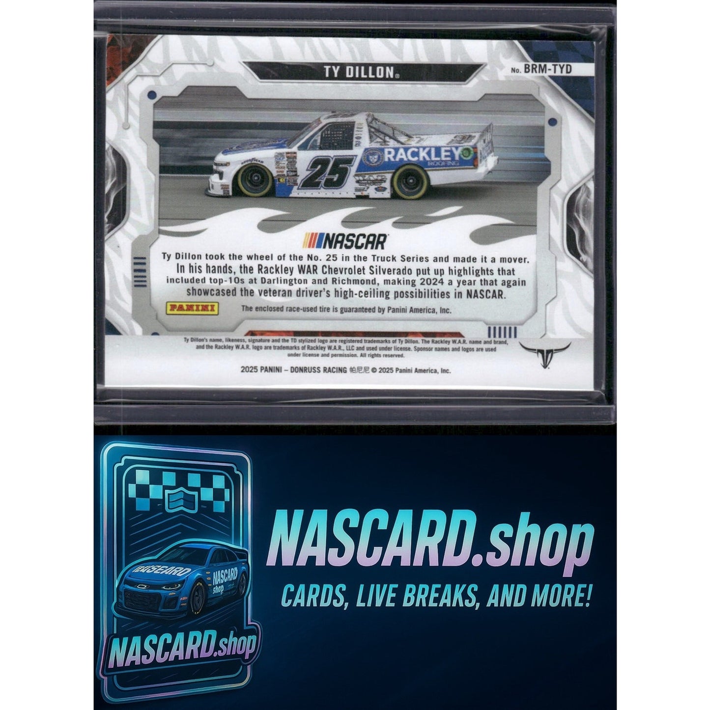 2025 Donruss #BRM-TYD Ty Dillon Burning Rubber Materials Blue #/49 - NASCARD.shop