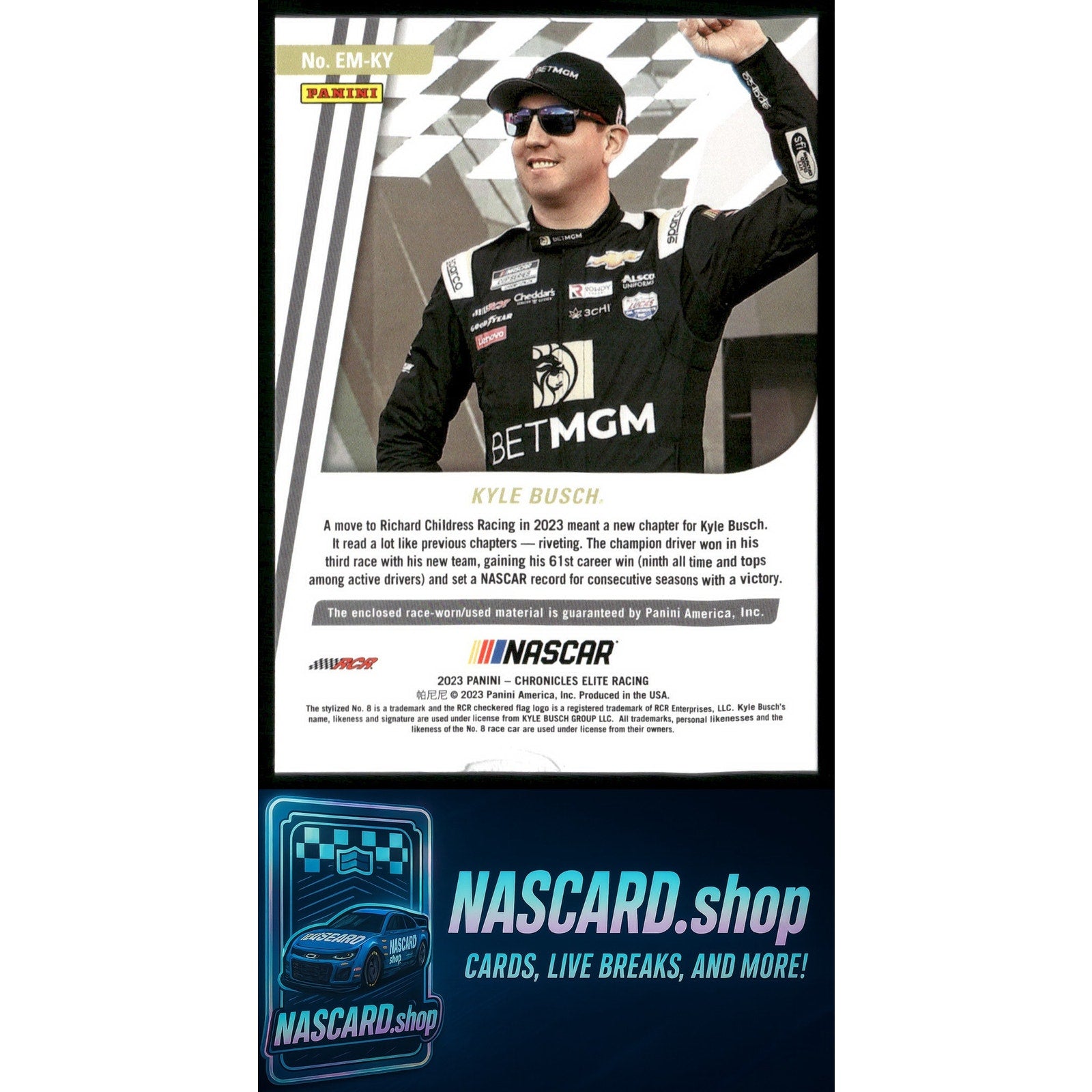2023 Panini Chronicles #EM-KY Kyle Busch Elite Materials Red #/49 - NASCARD.shop
