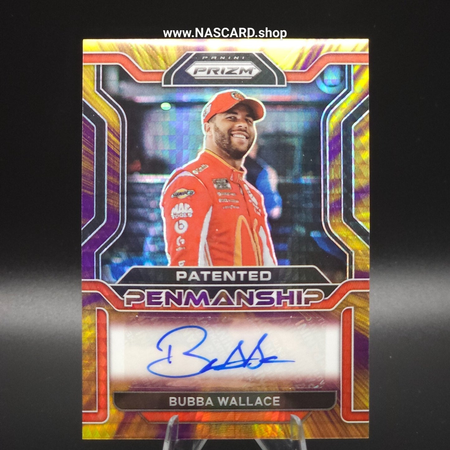 2022 Panini Prizm Patented Penmanship Bubba Wallace Hyper Purple and Yellow /50
