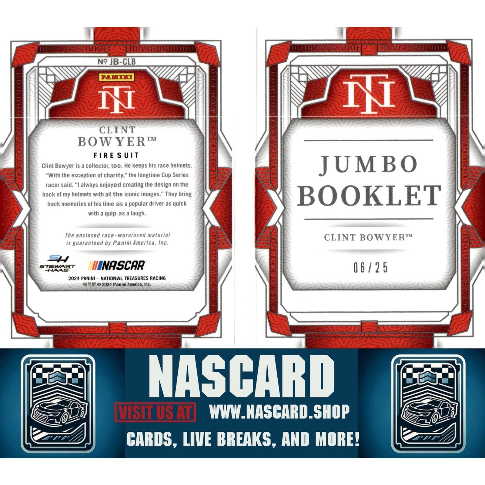 2024 Panini National Treasures #JB-CLB Clint Bowyer Jumbo Booklet Firesuit #/25 - NASCARD.shop