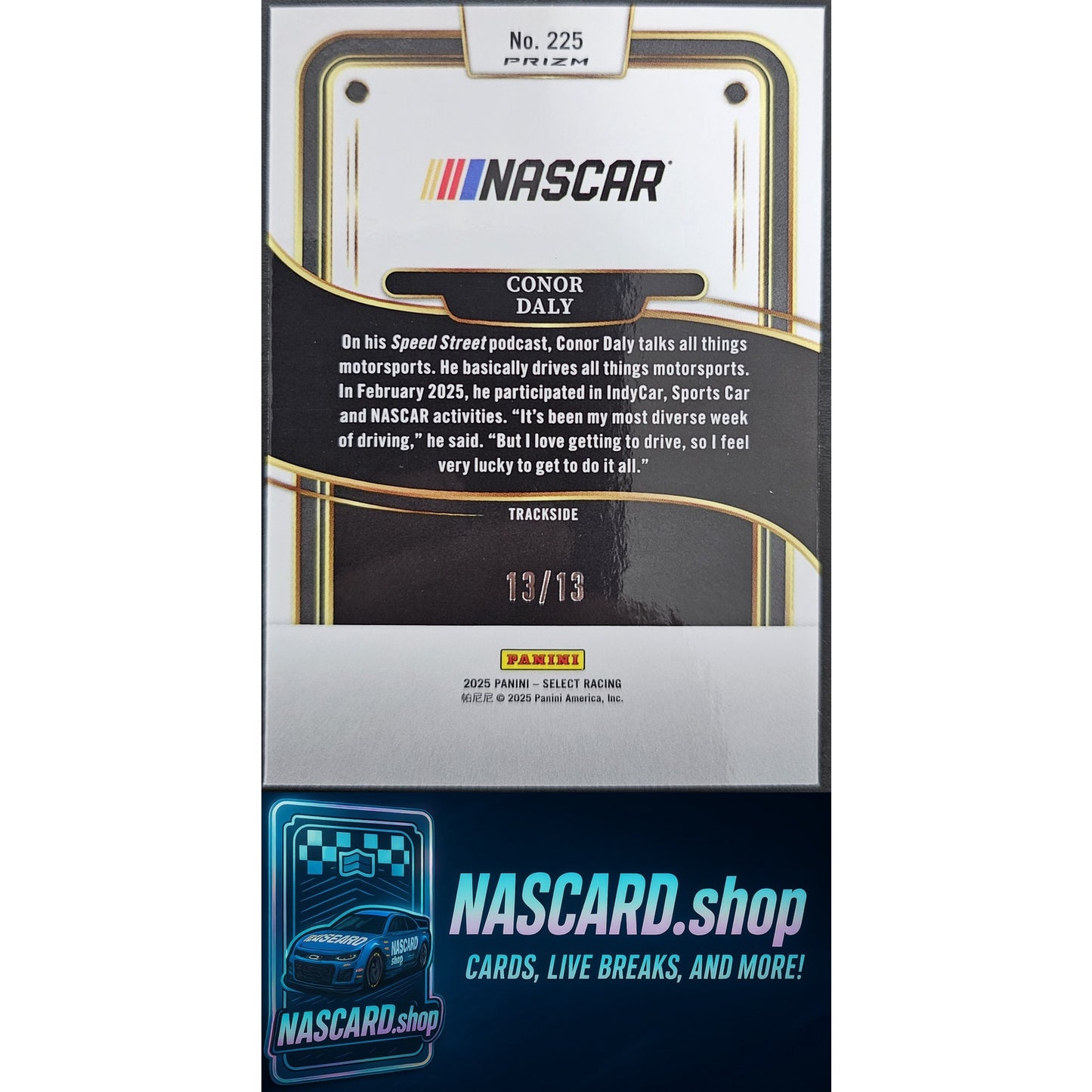 2025 Panini Select Trackside #225 Conor Daly Gold Power Plaid #/13