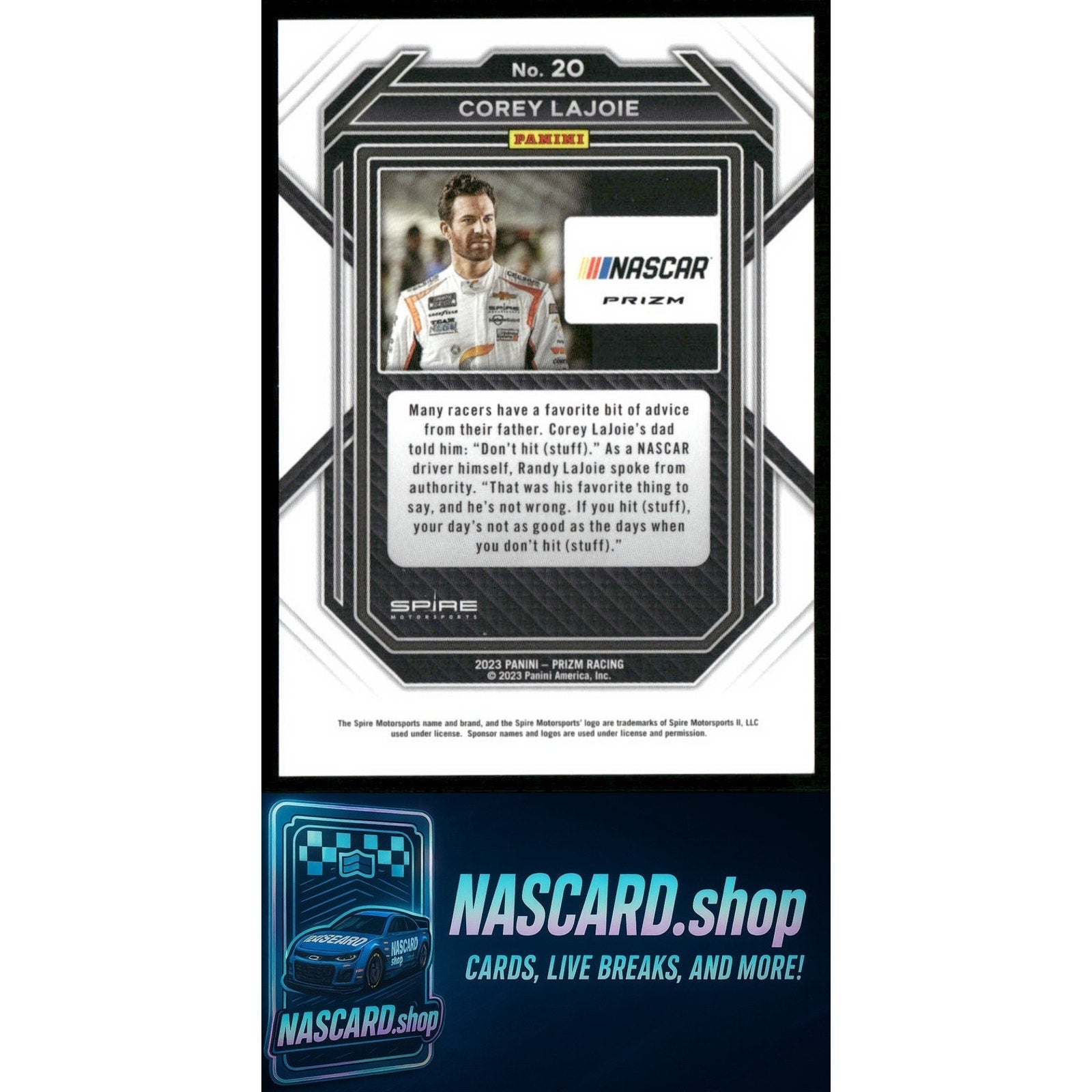 2023 Panini Prizm #20 Corey LaJoie White Sparkle Prizm - NASCARD.shop