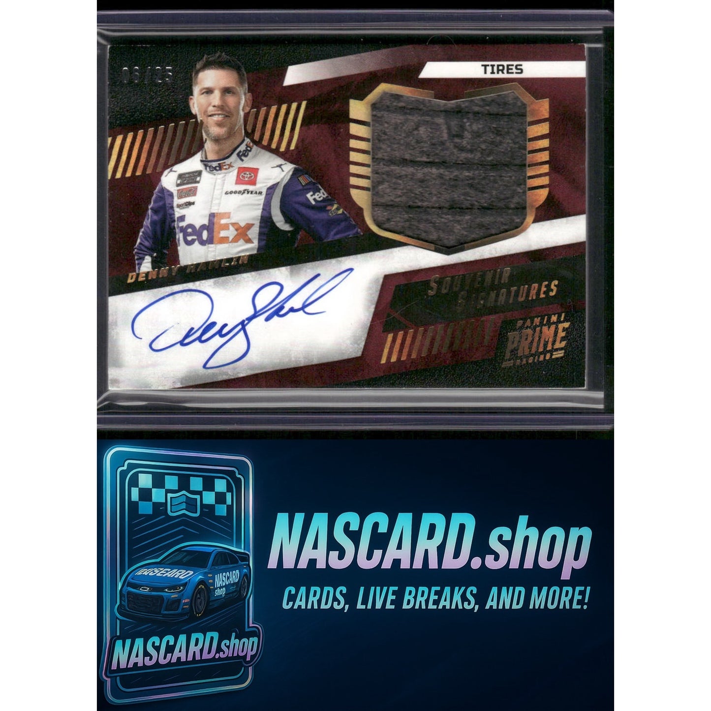 2023 Panini National Treasures Prime Denny Hamlin Souvenir Signatures Tires #/25 - NASCARD.shop