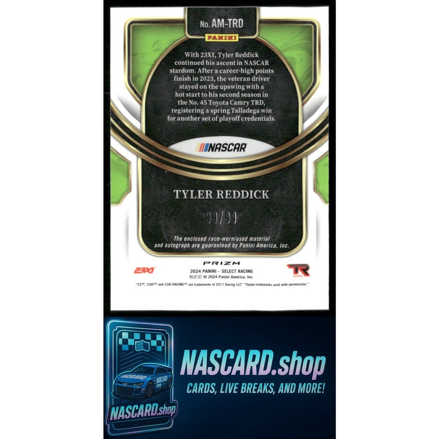 2024 Panini Select #AM-TRD Tyler Reddick Autographed Memorabilia #/99