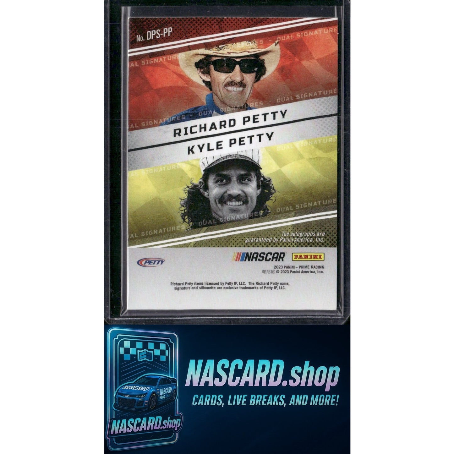2023 Panini Prime Richard Petty Kyle Petty Dual Prime Signatures Holo Gold #/15 - NASCARD.shop