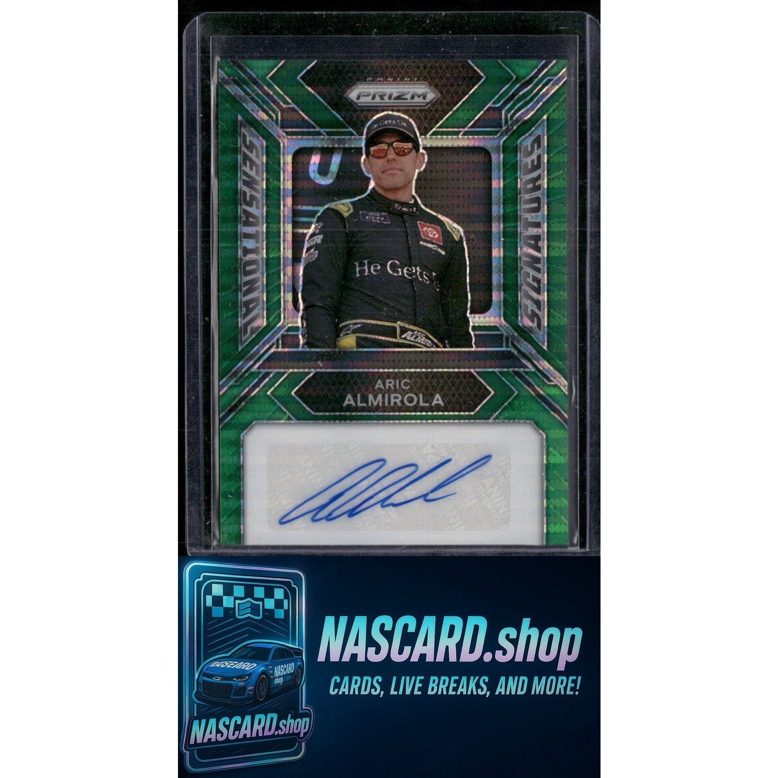 2024 Panini Prizm #SS-AAA Aric Almirola Sensational Signatures Green Pulsar #/10 - NASCARD.shop