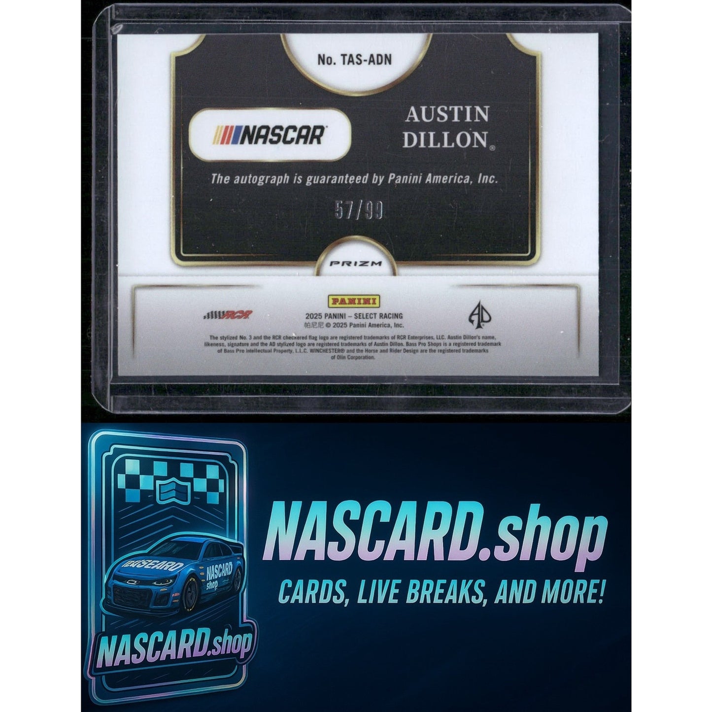 2025 Panini Select Austin Dillon Trackside Action Signatures Blue Prizms #/99