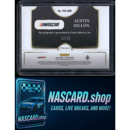 2025 Panini Select Austin Dillon Trackside Action Signatures Blue Prizms #/99