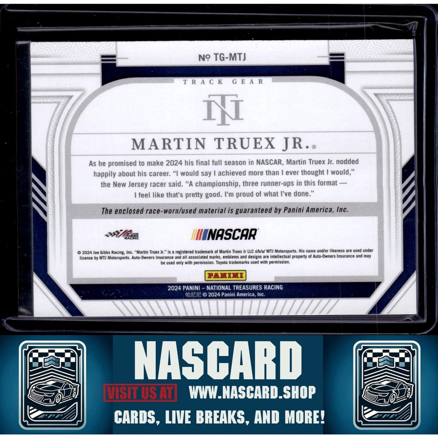 2024 Panini National Treasures #TG-MTJ Martin Truex Jr. Track Gear Blue #/75