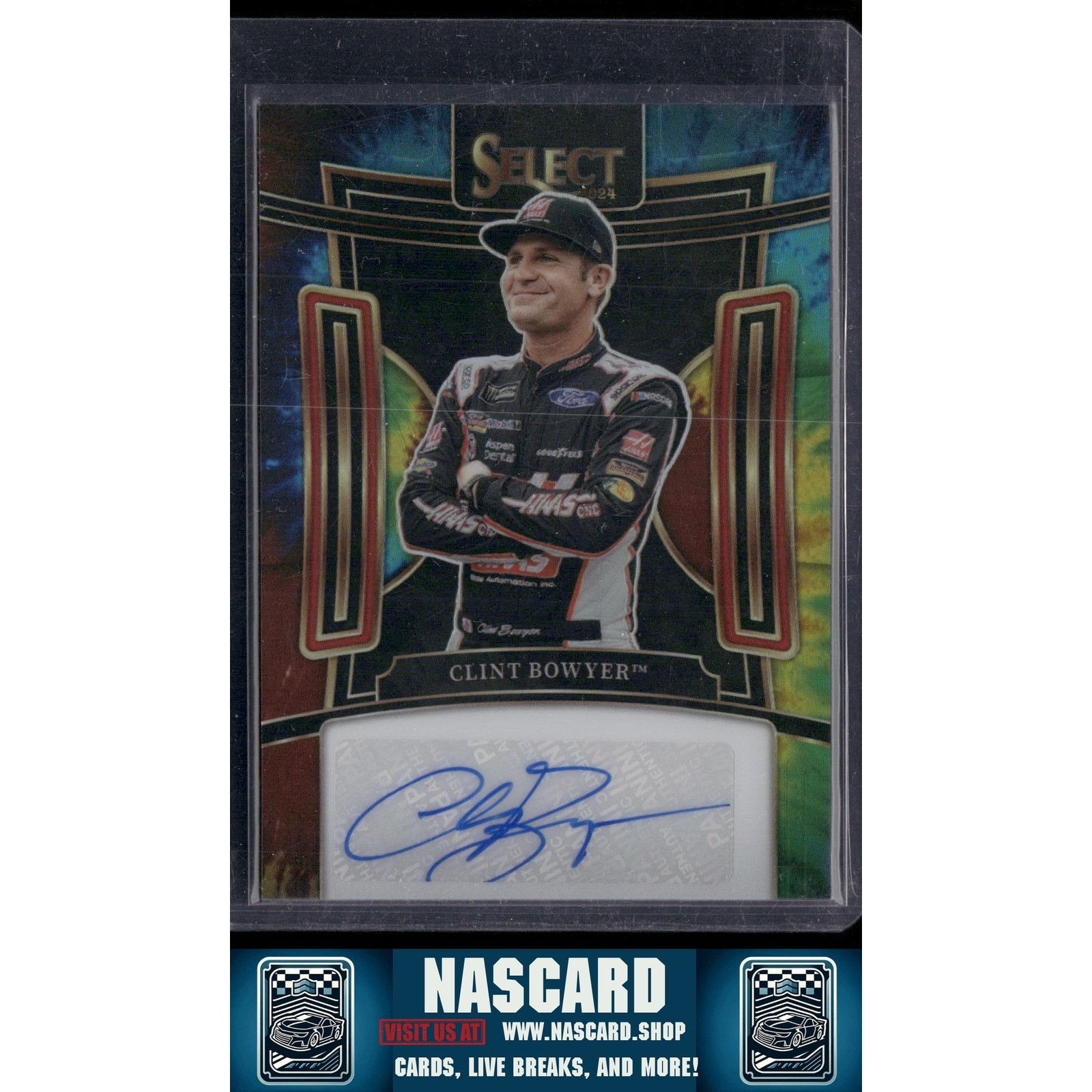 2024 Panini Select #S-CBY Clint Bowyer Signatures Tie-Dye Prizms #/25 - NASCARD.shop