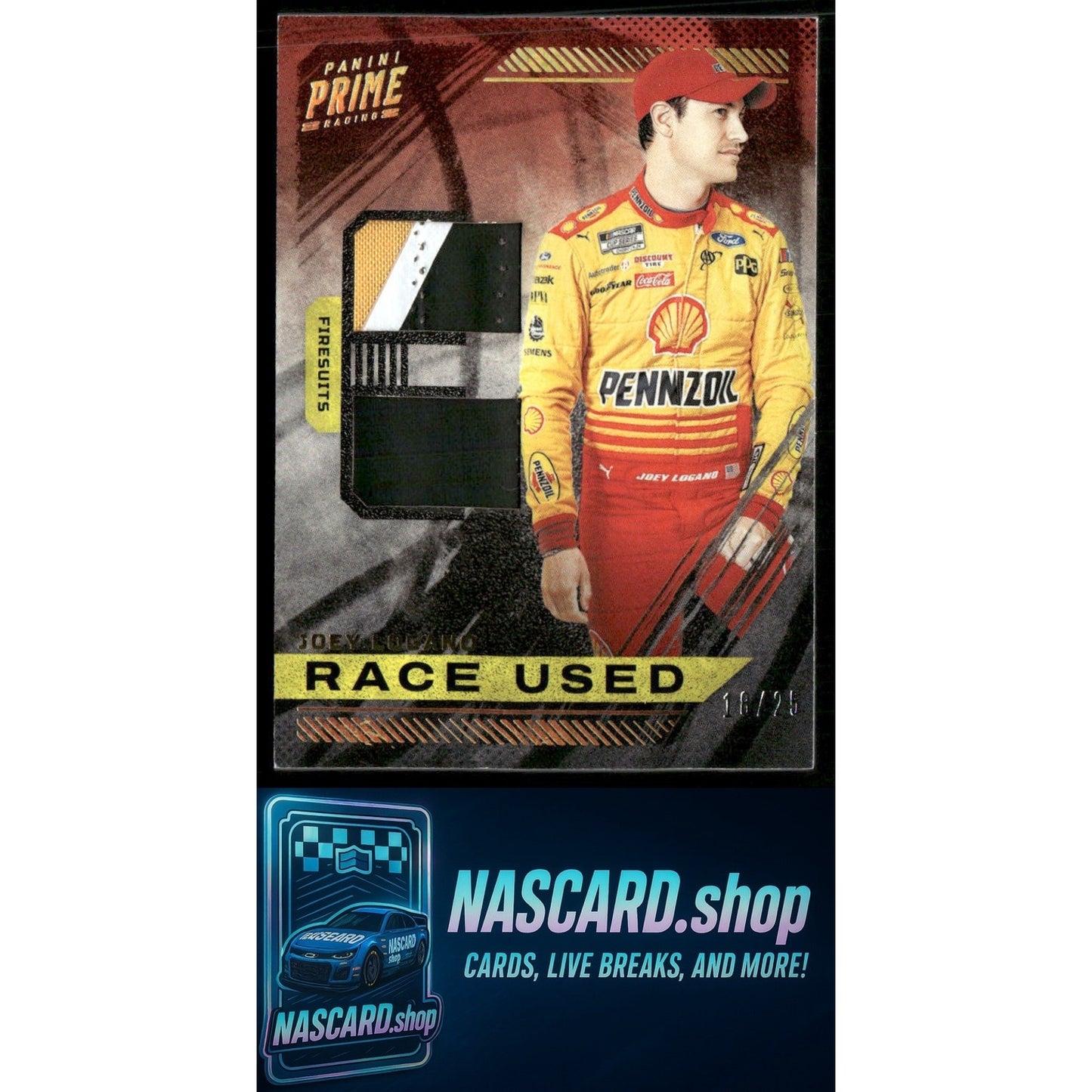 2023 Panini Prime #RUT-JLO Joey Logano Race Used Trios Firesuits Holo Gold #/25