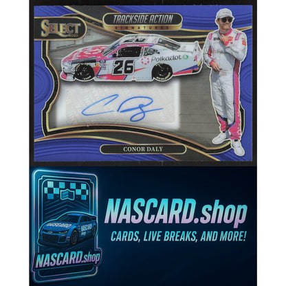 2025 Panini Select Conor Daly Trackside Action Signatures Blue Prizms #/99