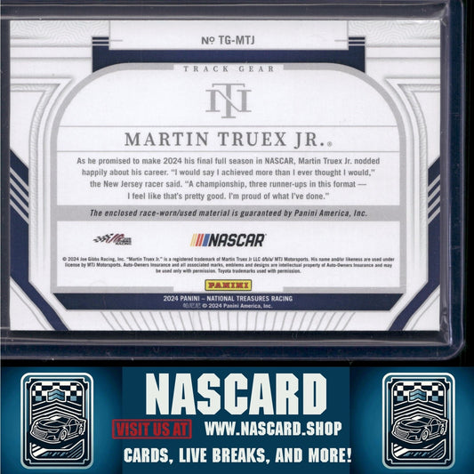 2024 Panini National Treasures #TG-MTJ Martin Truex Jr. Track Gear Blue #/75