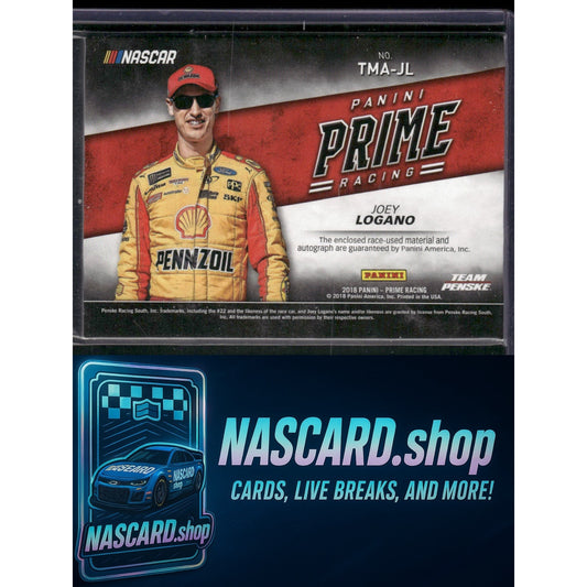 2018 Panini Prime #TMA-JL Joey Logano Triple Materials Autographs Holo Gold #/25 - NASCARD.shop