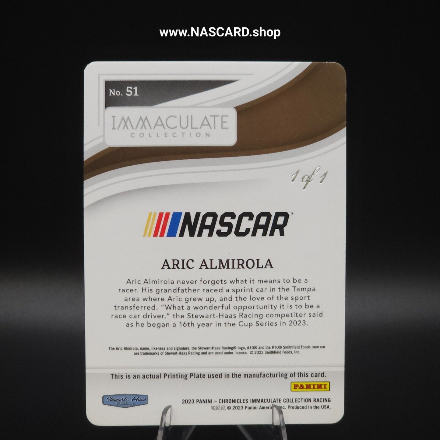 2023 Panini Chronicles Racing Immaculate #51 Printing Plate Aric Almirola 1/1