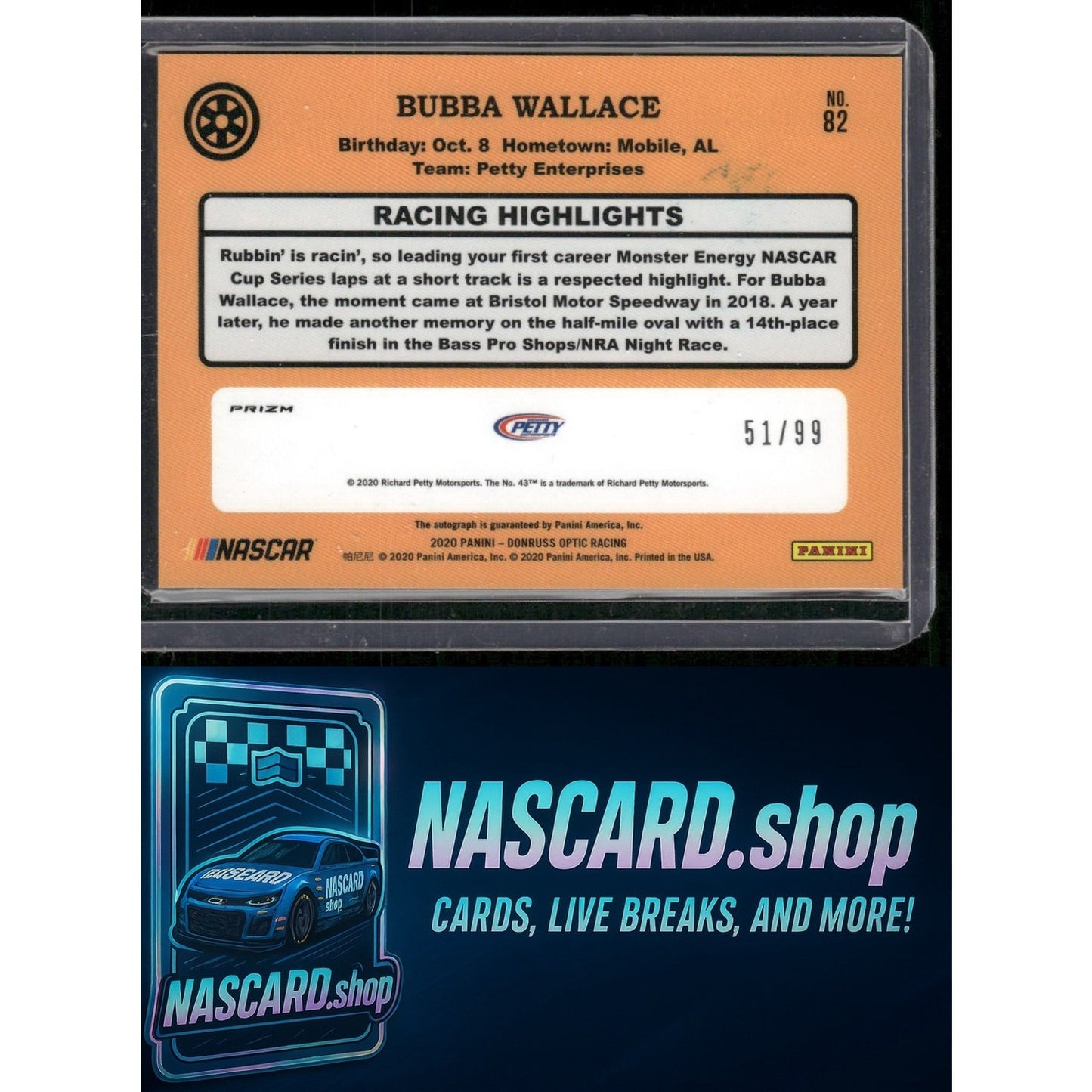 2020 Donruss #82 Bubba Wallace Optic Signatures Holo #/99