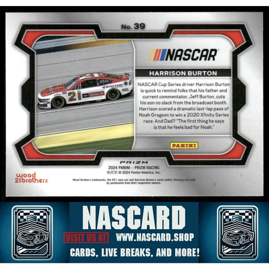 2024 Panini Prizm - Base Rides Harrison Burton #39 White Sparkle Prizm