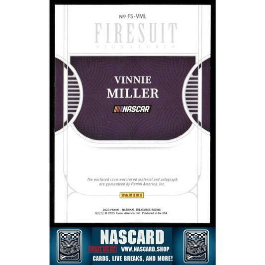 2023 Panini National Treasures Firesuit Signatures Vinnie Miller #FS-VML /99 - NASCARD.shop