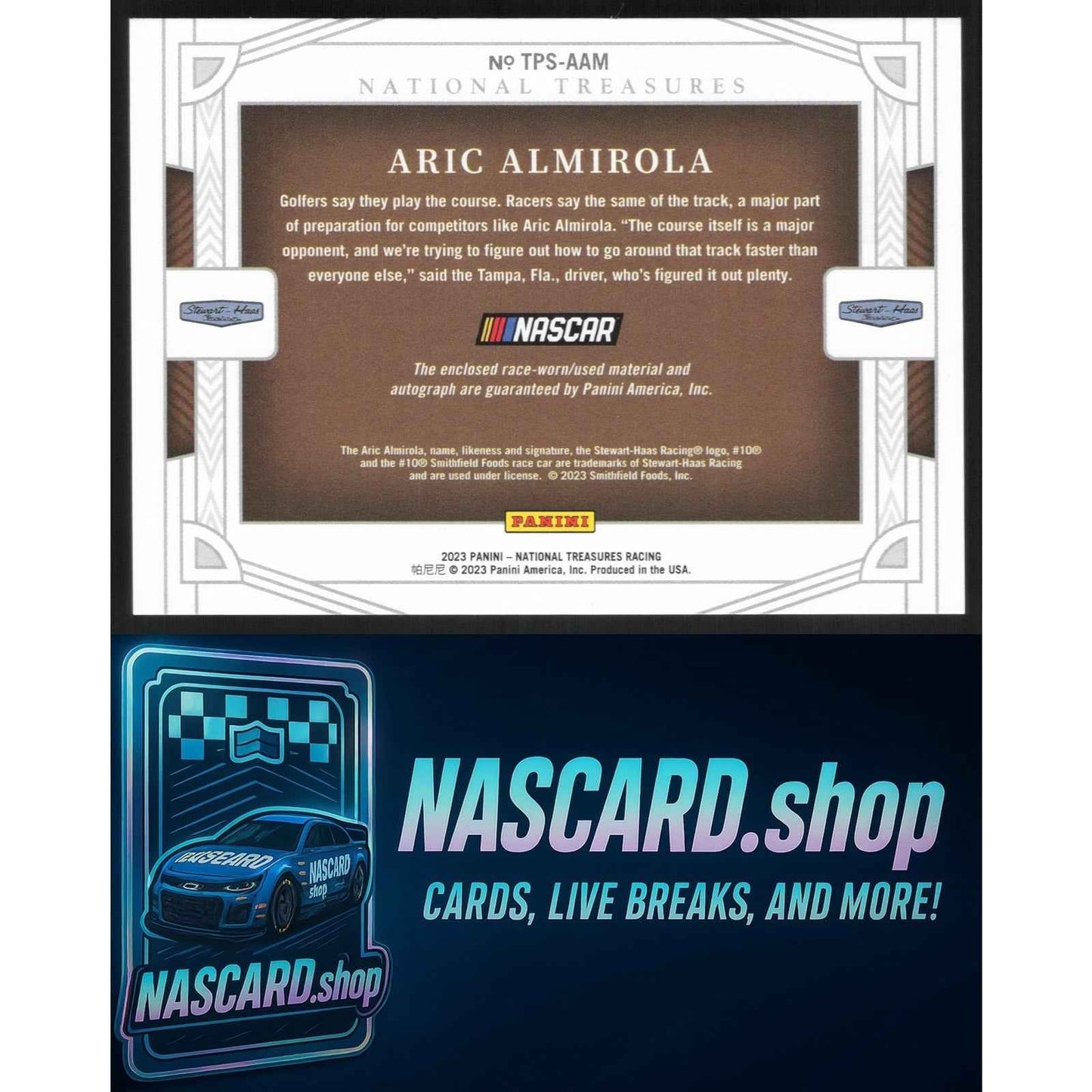 2023 National Treasures Aric Almirola Track Pass Material Signatures Silver #/49
