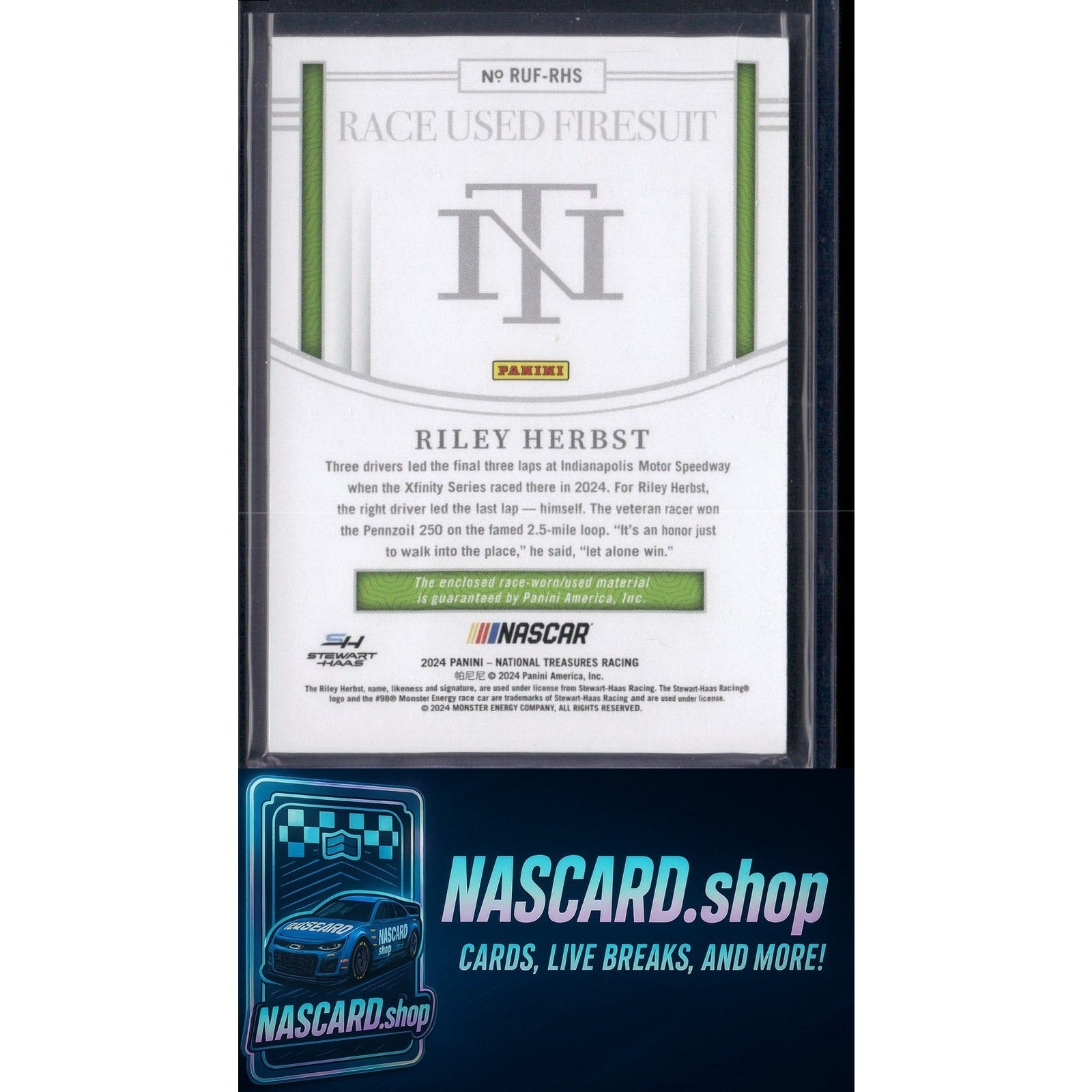 2024 Panini National Treasures Riley Herbst Race Used Firesuit Blue #/75 - NASCARD.shop