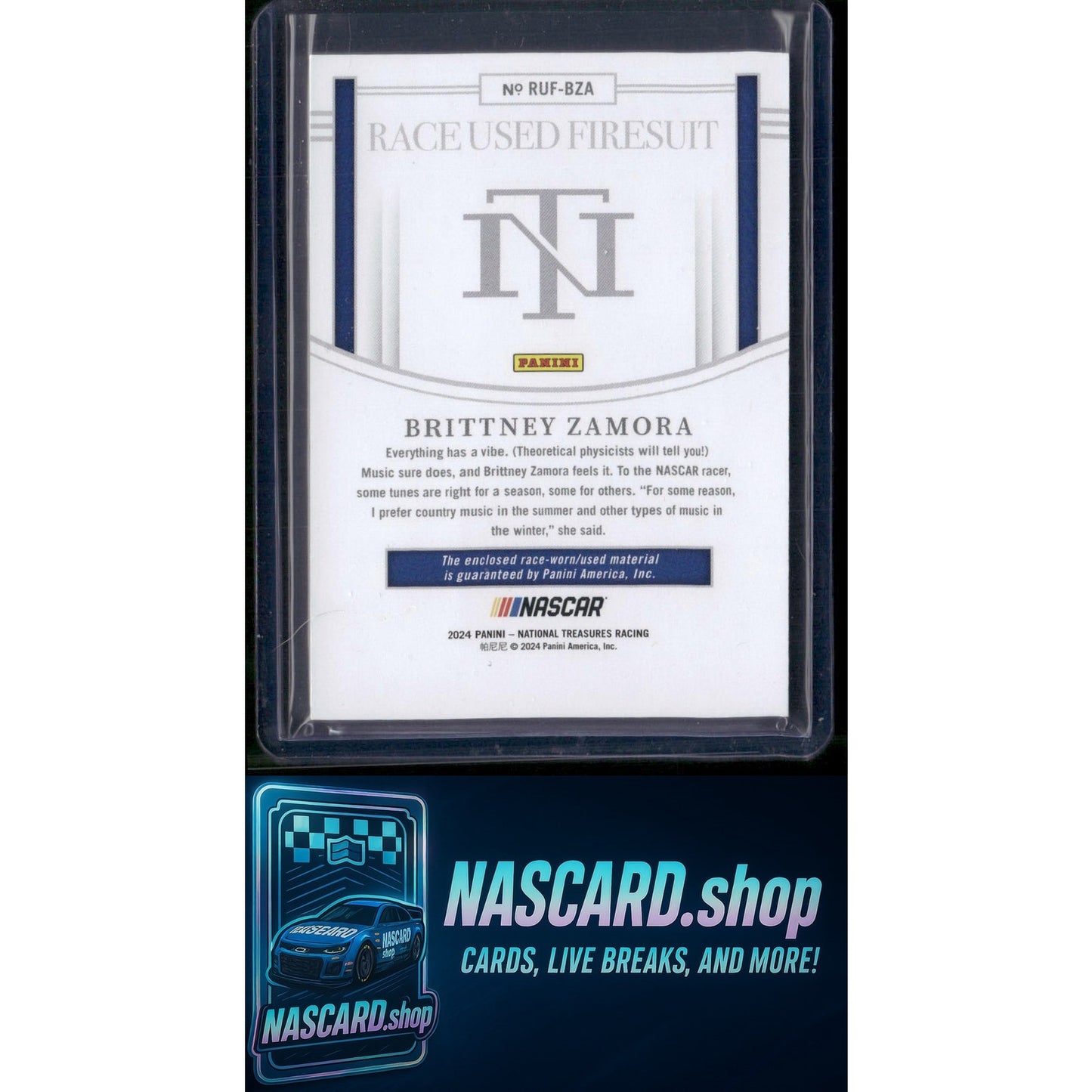 2024 Panini National Treasures #RUF-BZA Brittney Zamora Race Used Firesuit #/99