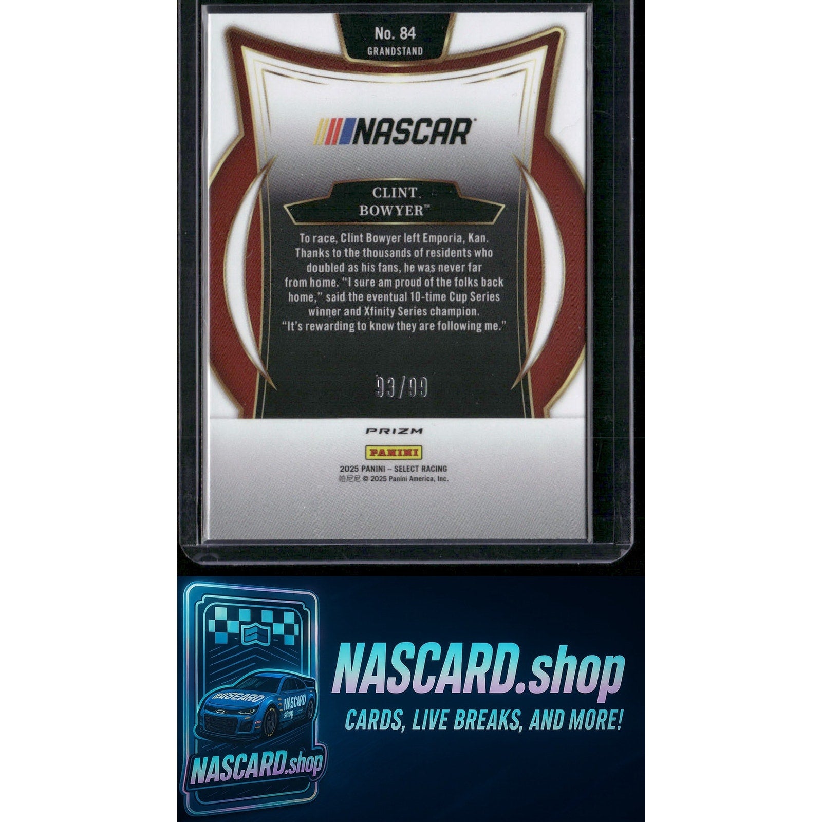 2025 Panini Select #84 Clint Bowyer White Prizms #/99 - NASCARD.shop