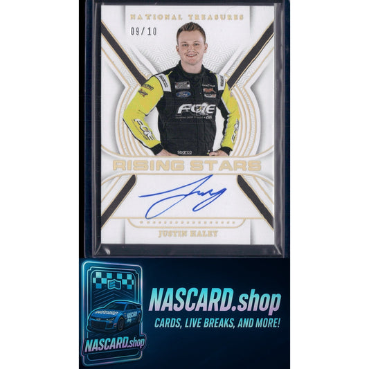 2024 Panini National Treasures #RS-JHY Justin Haley Rising Stars Holo Gold #/10 - NASCARD.shop