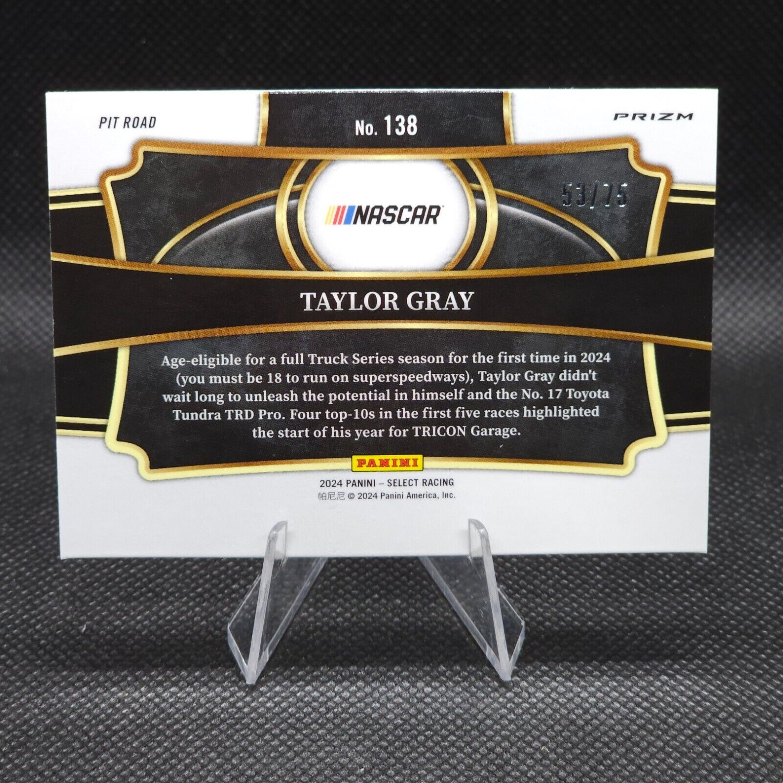 2024 Panini Select Racing Pit Road Purple Prizm #138 Taylor Gray 53/75 - NASCARD.shop
