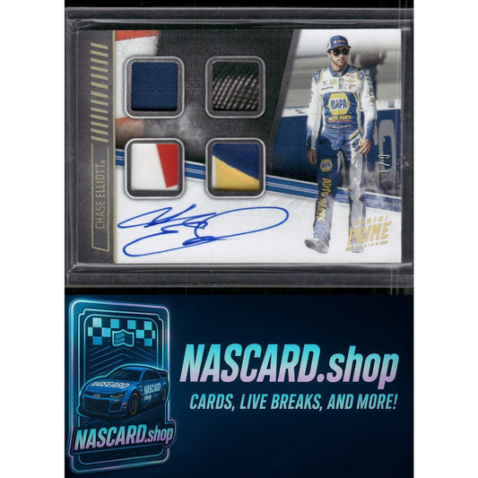 2019 Panini Prime #QMA-CE Chase Elliott Quad Materials Autographs Holo Gold #1/9