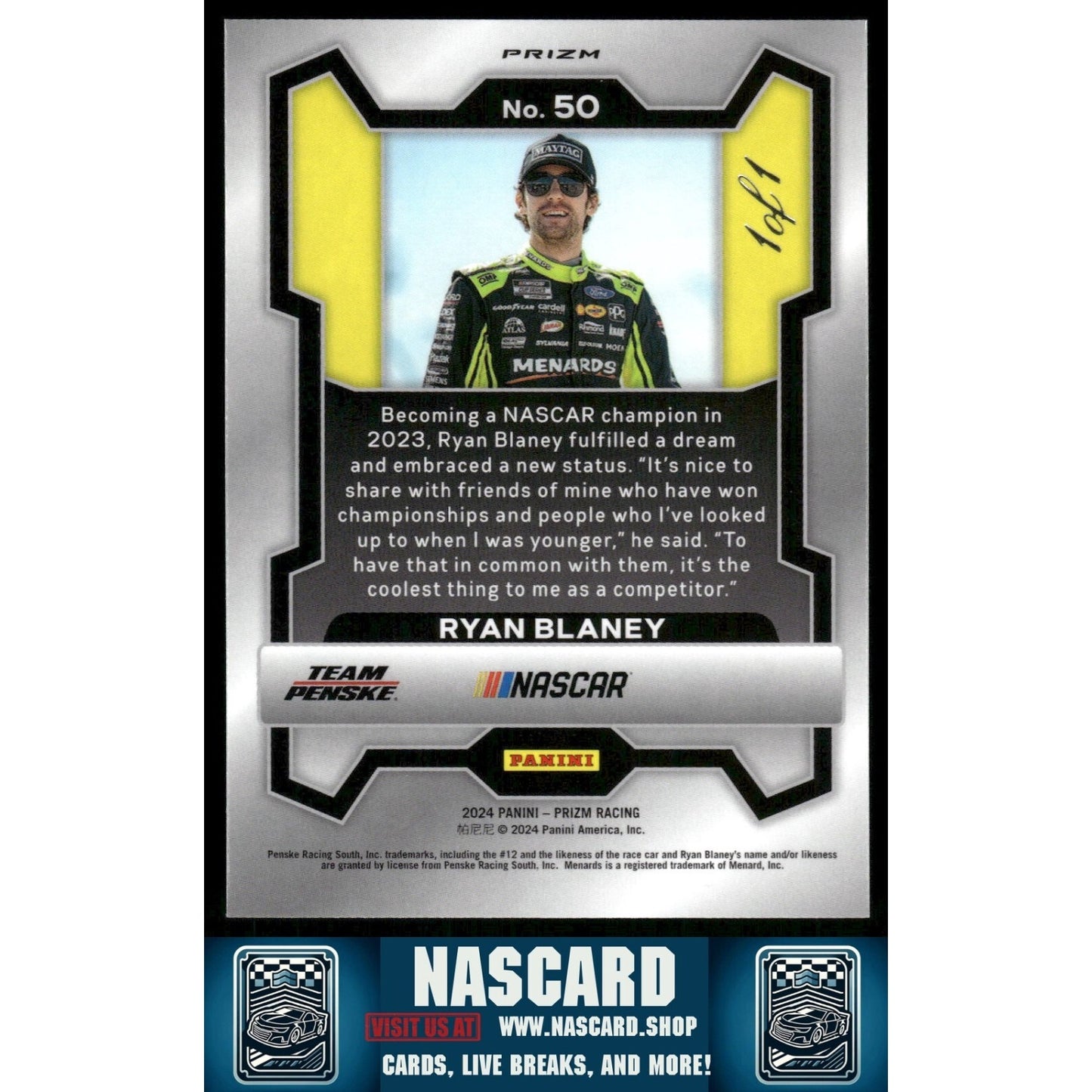 2024 Panini Prizm #50 Ryan Blaney Gold Vinyl 1/1