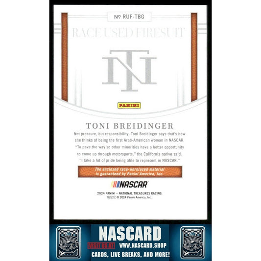 2024 Panini National Treasures Race Used Firesuit Toni Breidinger /99