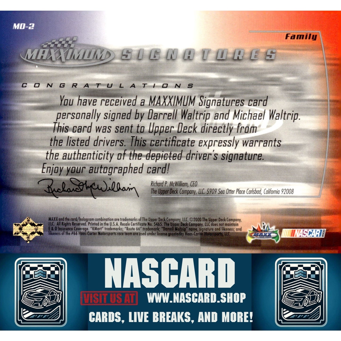 2000 Maxximum #MD-2 Matt Waltrip/Darrell Waltrip Signatures - NASCARD.shop
